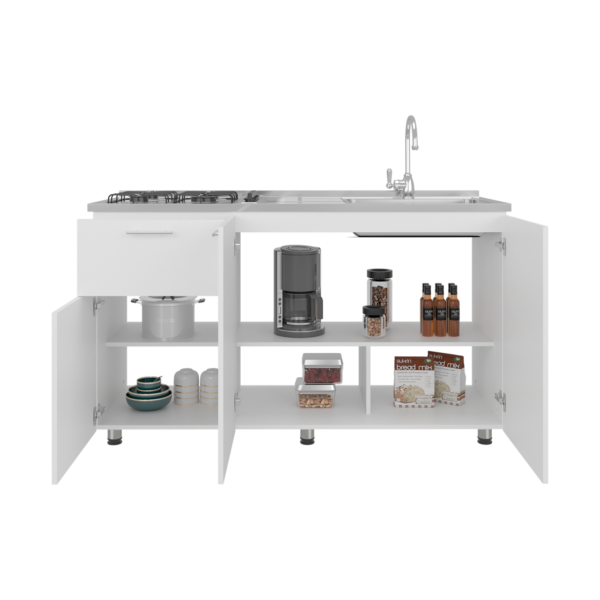 Mueble Inferior de Cocina Creta Blanco 150x88cm con Mesón de Acero Inoxidable Lado Izquierdo y con Estufa - MUEBLES INFERIORES DE COCINA | Bylmo