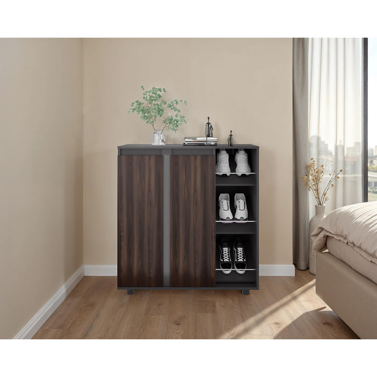 Zapatero Houck Plomo Y Nogal 86.5x91.5cm Vertical de Tres Niveles para Once Zapatos - ZAPATEROS | Bylmo