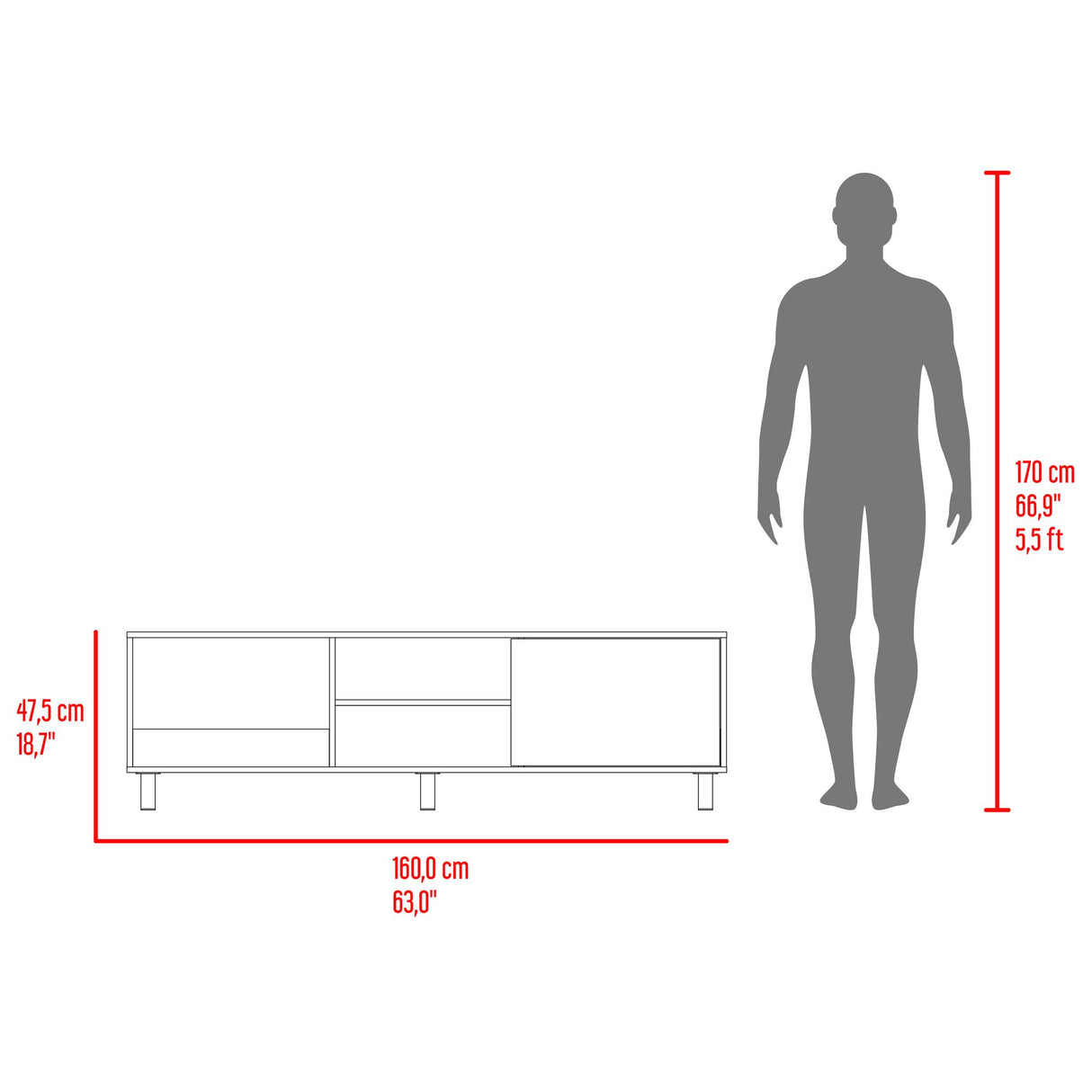 Rack de TV Tunez Nogal 160x47.5cm Para TV Hasta 70" Pulgadas con Cuatro Compartimientos y Ranuras para Cable - MUEBLES DE TV | Bylmo