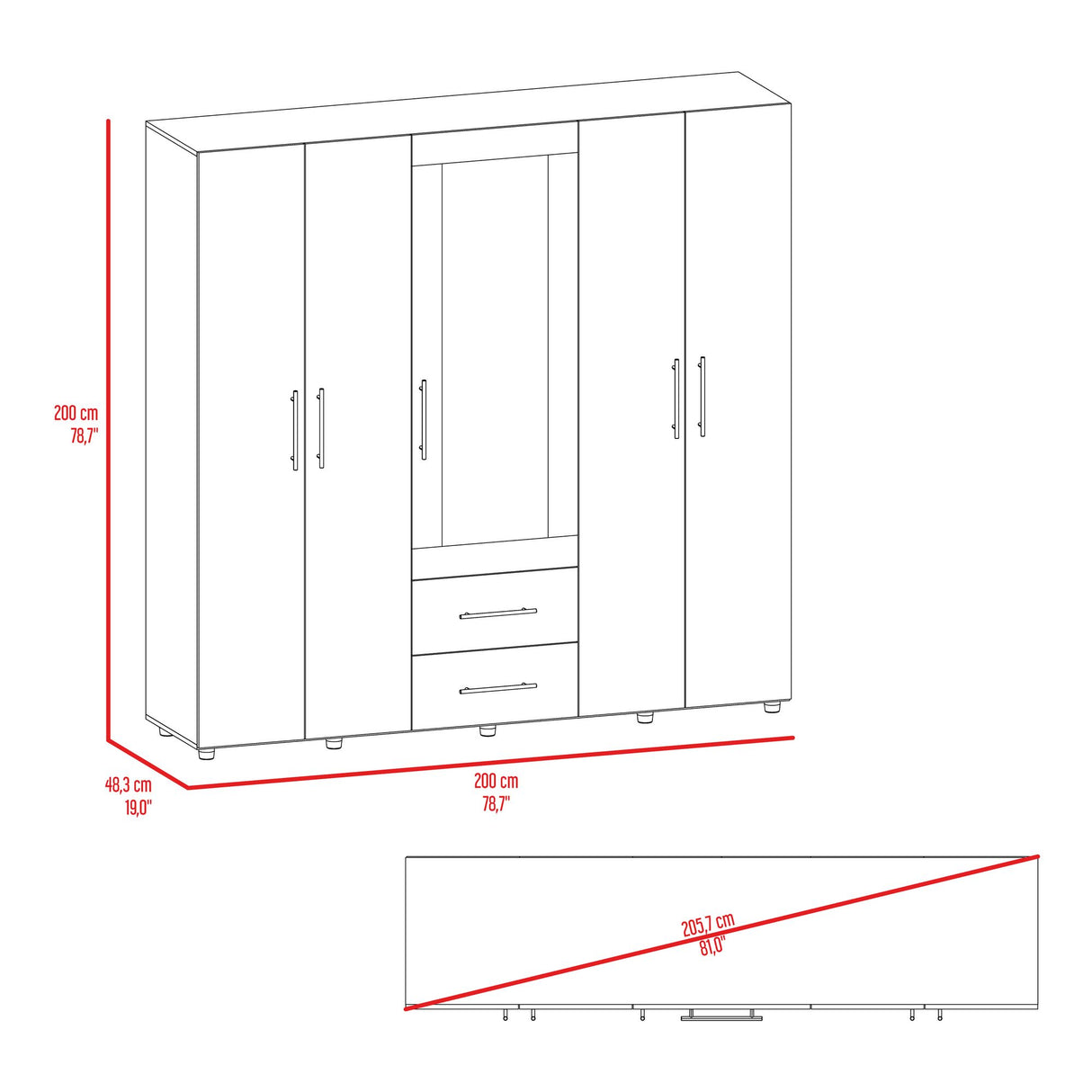 Closet Grayson Fresno Europeo 230x200cm con Dos Cajones con Cinco Puertas y con Espejo - CLOSETS | Bylmo