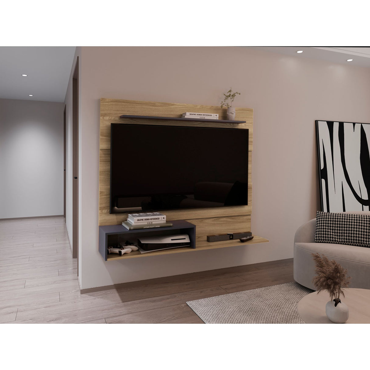 Panel de TV Beijing Fresno Europeo y Blanco 140x120cm Flotante para TV Hastas 55" Pulgadas con Dos Compartimientos y Ranuras para Cable - MUEBLES DE TV | Bylmo