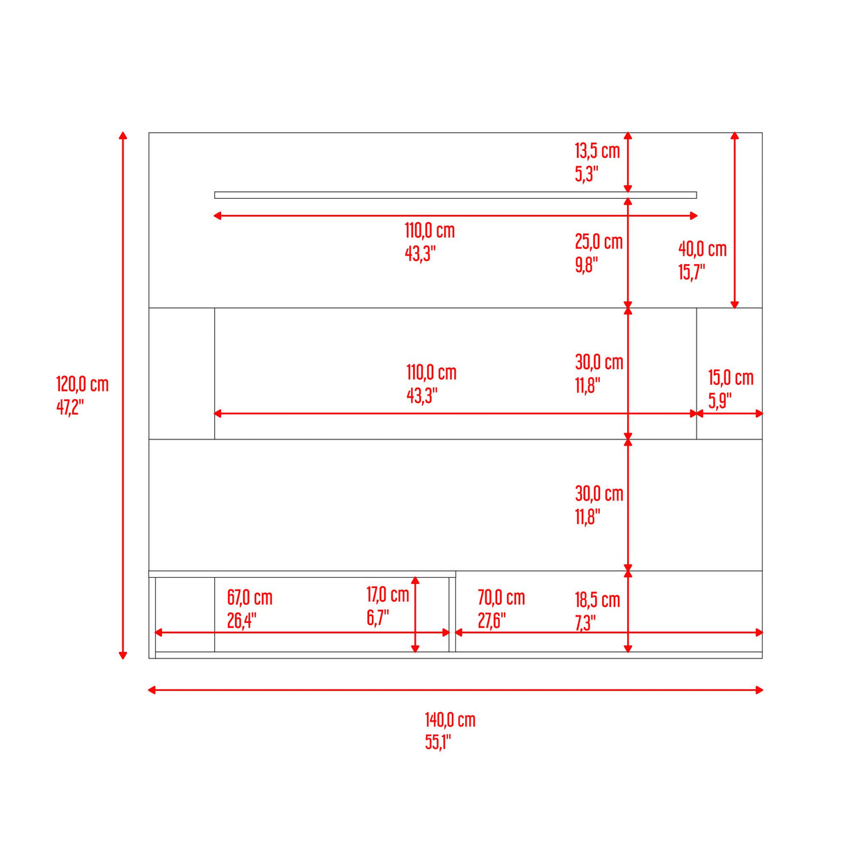 Panel de TV Beijing Fresno Europeo y Blanco 140x120cm Flotante para TV Hastas 55" Pulgadas con Dos Compartimientos y Ranuras para Cable - MUEBLES DE TV | Bylmo
