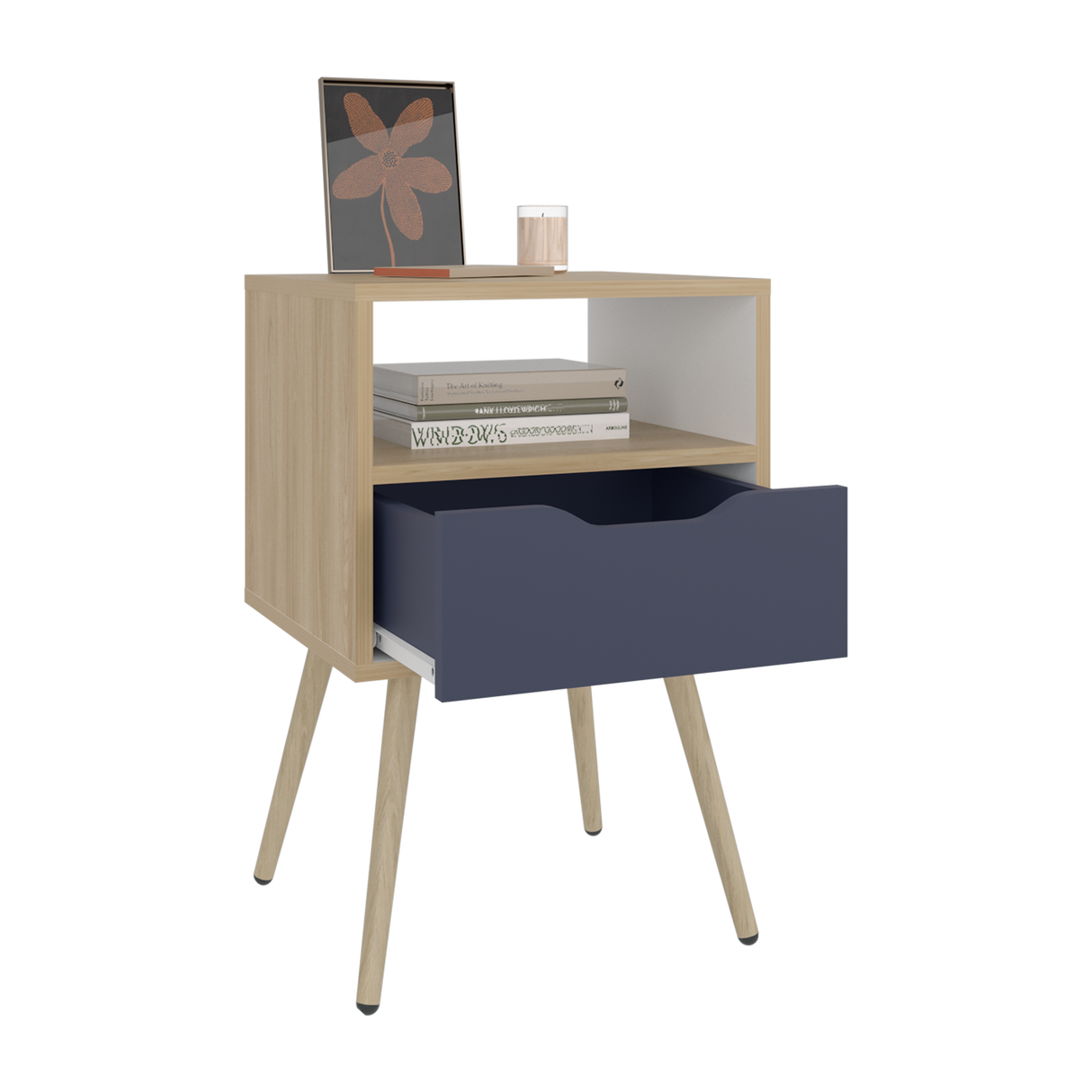 Mesa de Noche Otom Fresno Europeo y Blanco 40x63cm con Un Cajón y Dos Compártimientos - MESAS DE NOCHE | Bylmo