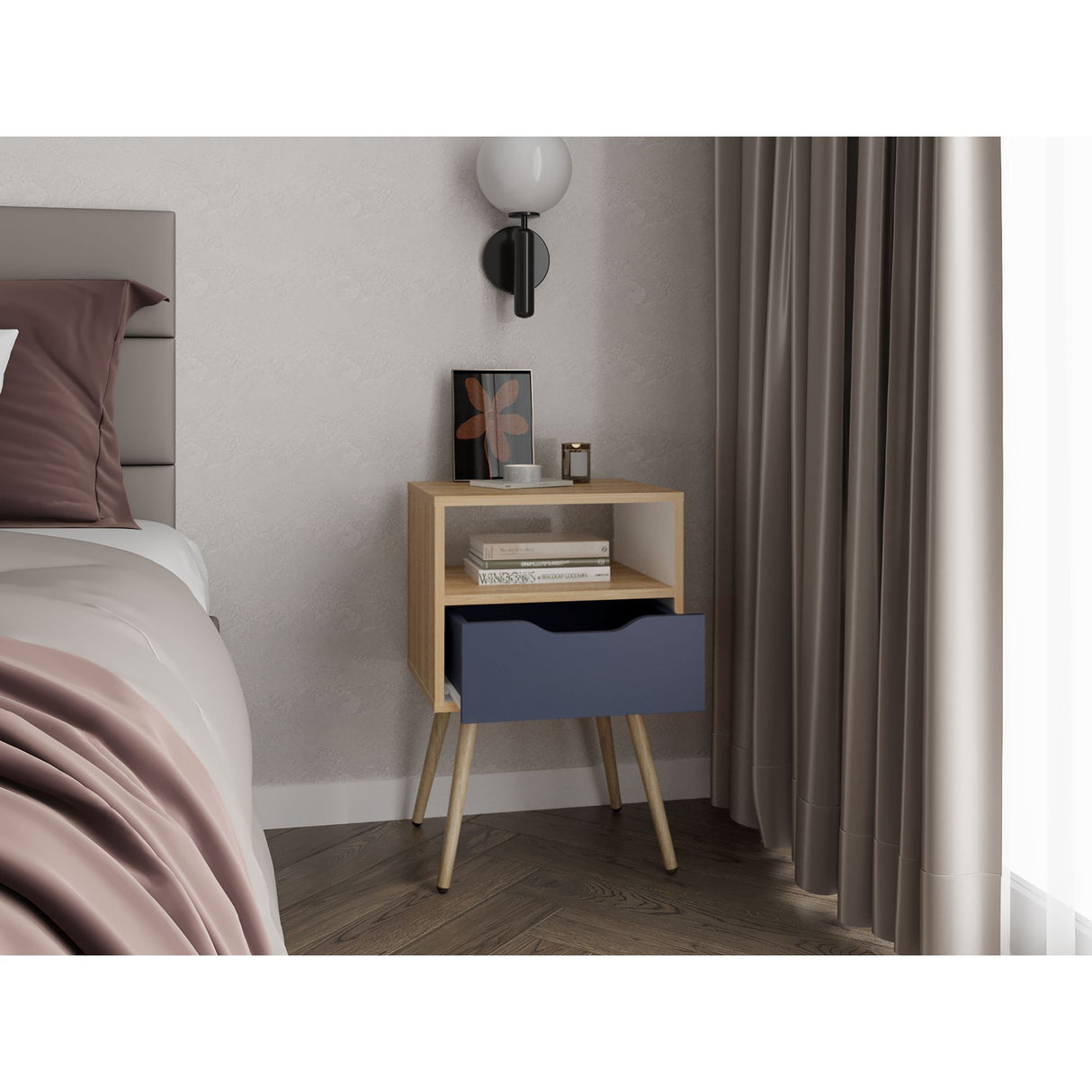 Mesa de Noche Otom Fresno Europeo y Blanco 40x63cm con Un Cajón y Dos Compártimientos - MESAS DE NOCHE | Bylmo