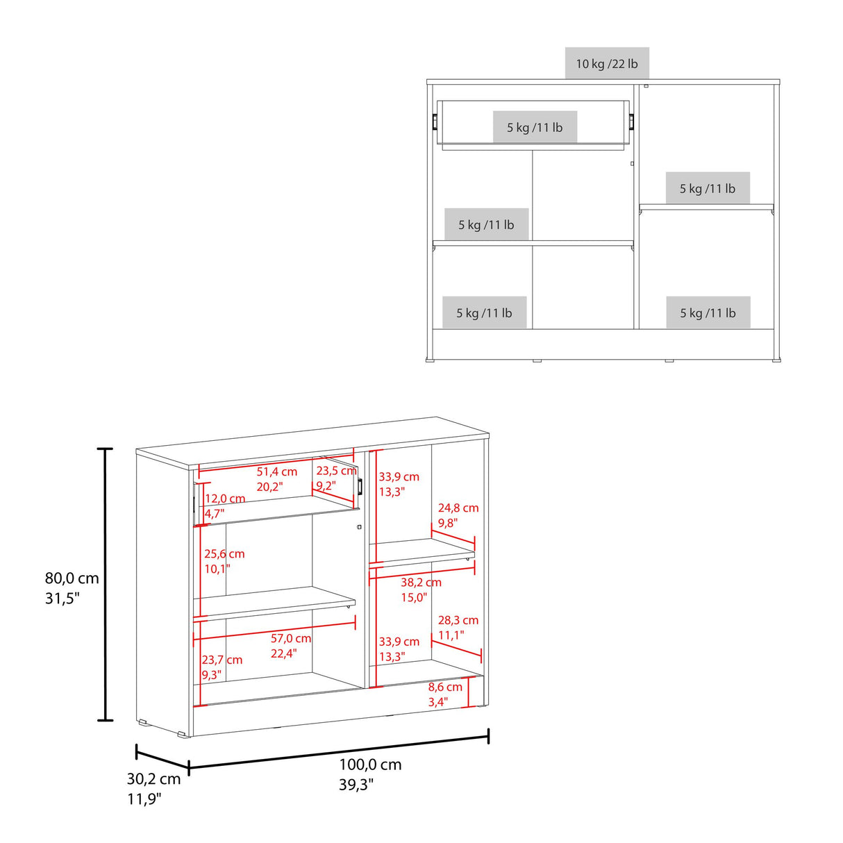 Cómoda Praga Fresno 100x80cm de Dos Hileras con Un Cajón - CAJONERAS Y COMODAS | Bylmo