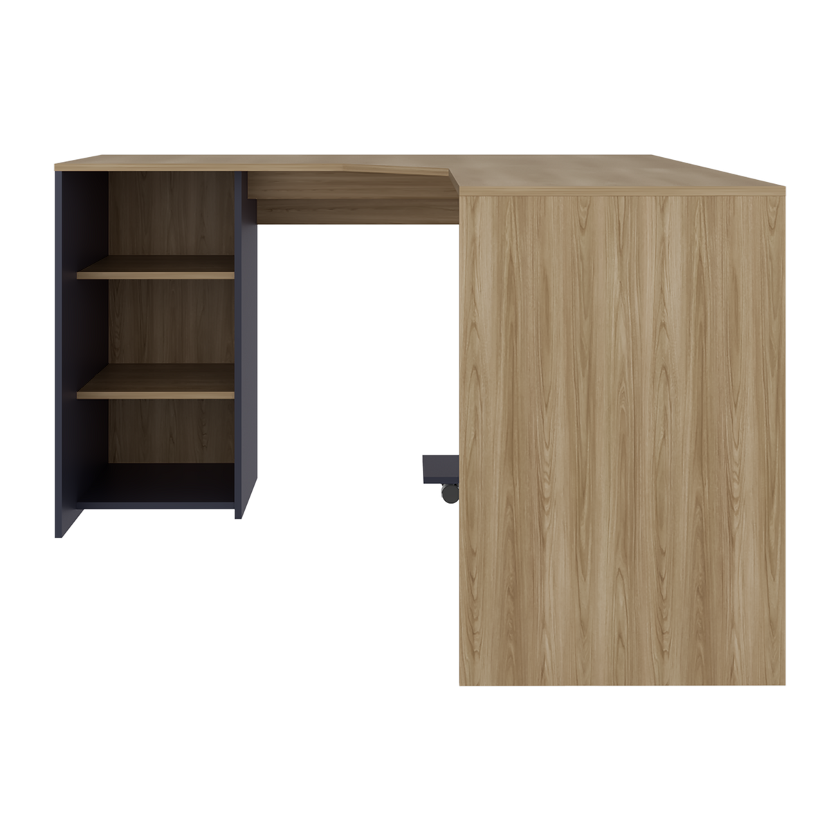 Escritorio En L Baggio Fresno Y Blanco 130x76.5cm Con Entrepaños Y Con Base Para Torre Con Rodachines - ESCRITORIOS | Bylmo