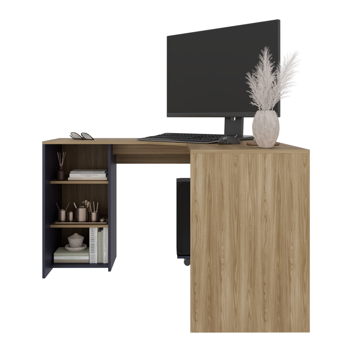 Escritorio En L Baggio Fresno Y Blanco 130x76.5cm Con Entrepaños Y Con Base Para Torre Con Rodachines - ESCRITORIOS | Bylmo