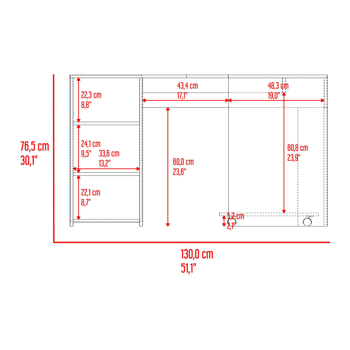Escritorio En L Baggio Fresno Y Blanco 130x76.5cm Con Entrepaños Y Con Base Para Torre Con Rodachines - ESCRITORIOS | Bylmo