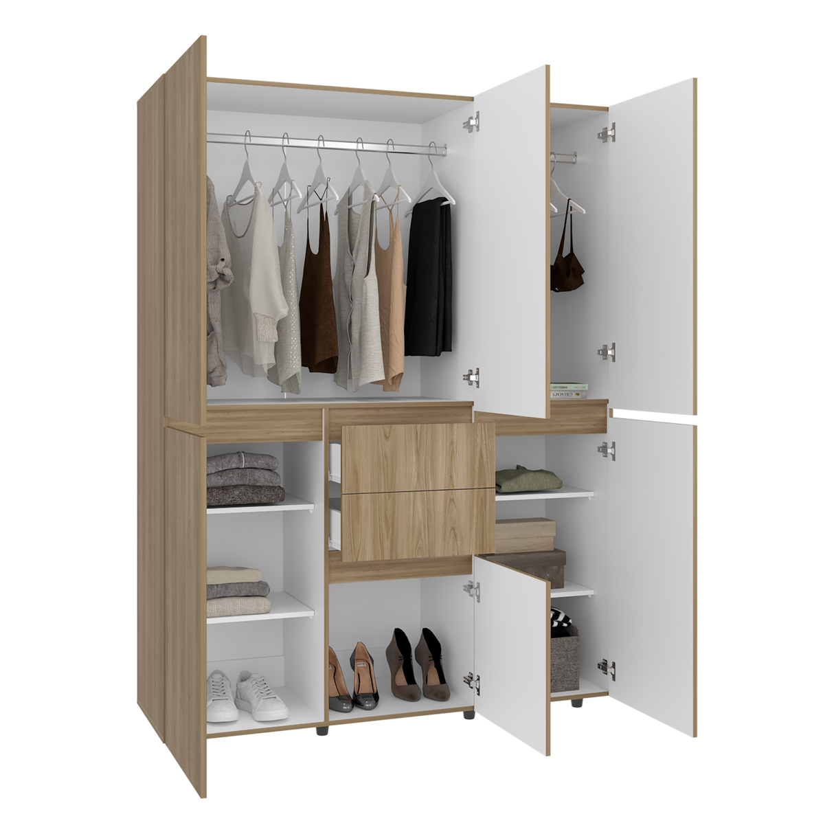Closet Bea Fresno y Blanco 150x200cm con Dos Cajones con Seis Puertas y con Colgadero de Ropa - CLOSETS | Bylmo
