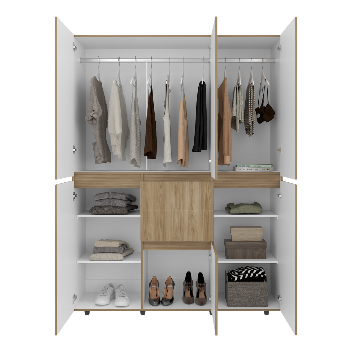 Closet Bea Fresno y Blanco 150x200cm con Dos Cajones con Seis Puertas y con Colgadero de Ropa - CLOSETS | Bylmo