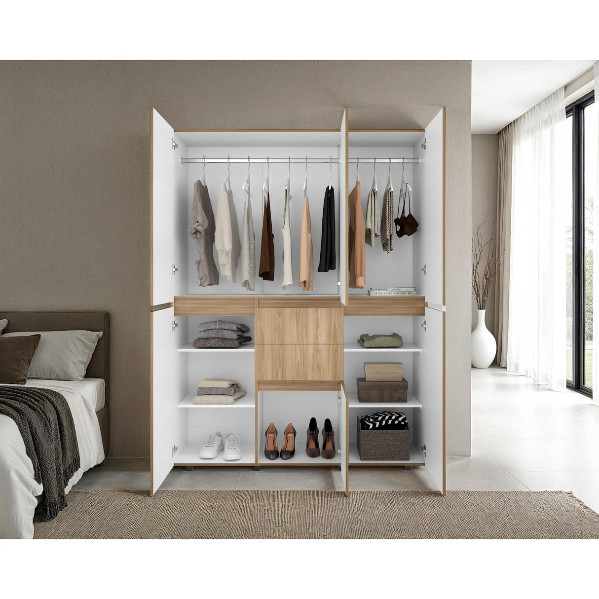 Closet Bea Fresno y Blanco 150x200cm con Dos Cajones con Seis Puertas y con Colgadero de Ropa - CLOSETS | Bylmo