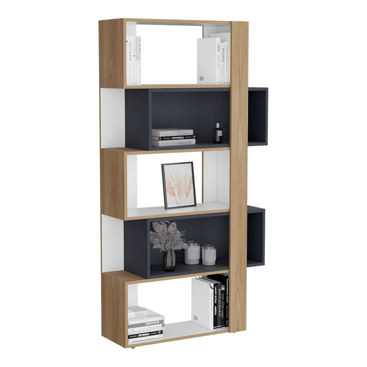 Biblioteca Beijing Fresno y Blanco 70.2x161.5cm Rectangular con Cinco Compartimientos - BIBLIOTECAS Y ESTANTERIAS | Bylmo