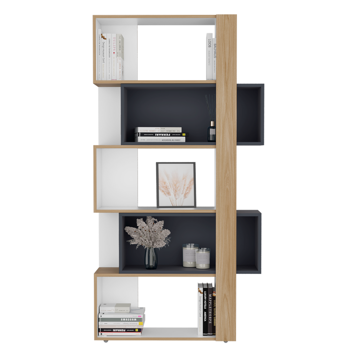 Biblioteca Beijing Fresno y Blanco 70.2x161.5cm Rectangular con Cinco Compartimientos - BIBLIOTECAS Y ESTANTERIAS | Bylmo