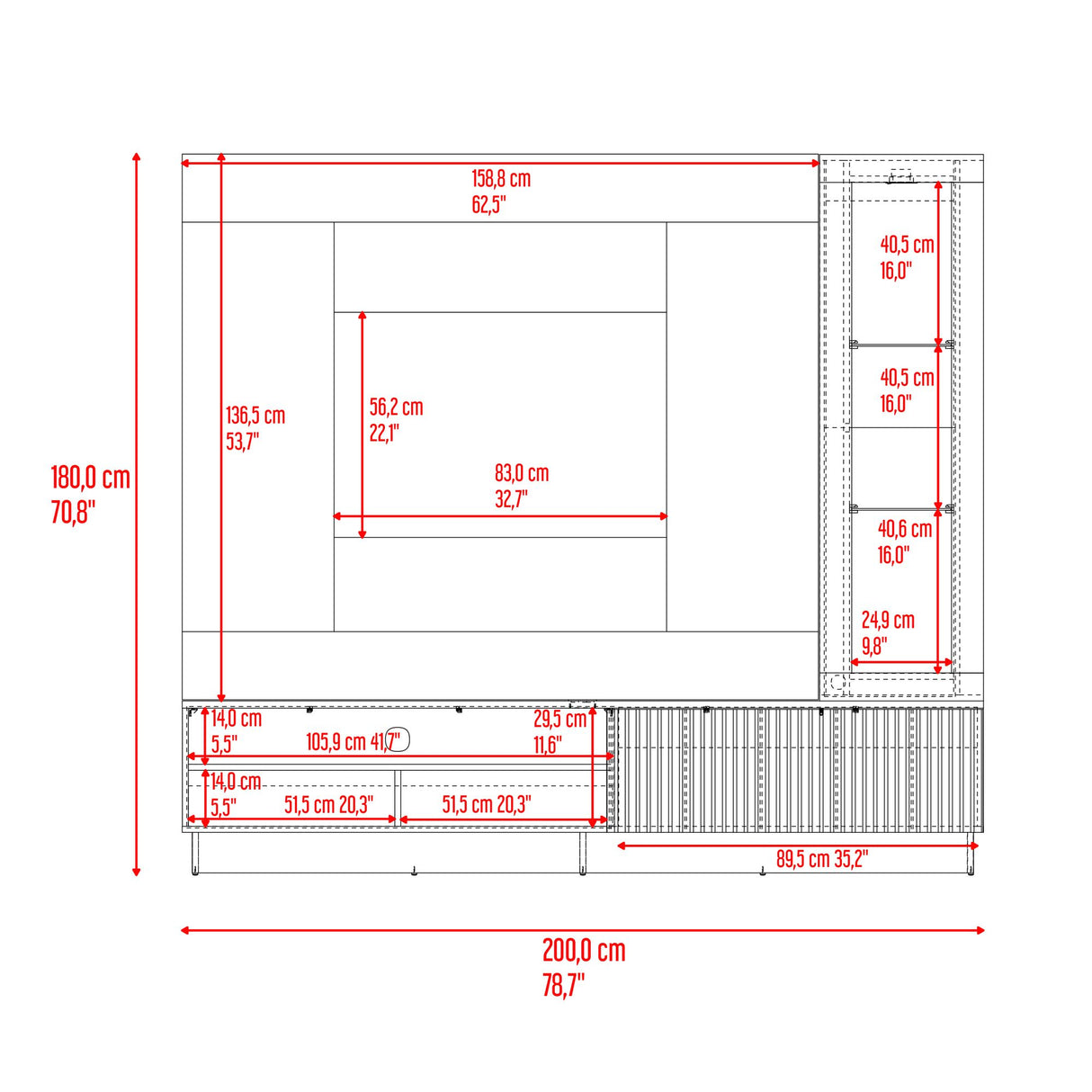 Centro de Entretenimiento Yakarta Milan y Roble Natural 200x180cm para TV Hasta 65" Pulgadas y con Siete Compartimientos - MUEBLES DE TV | Bylmo