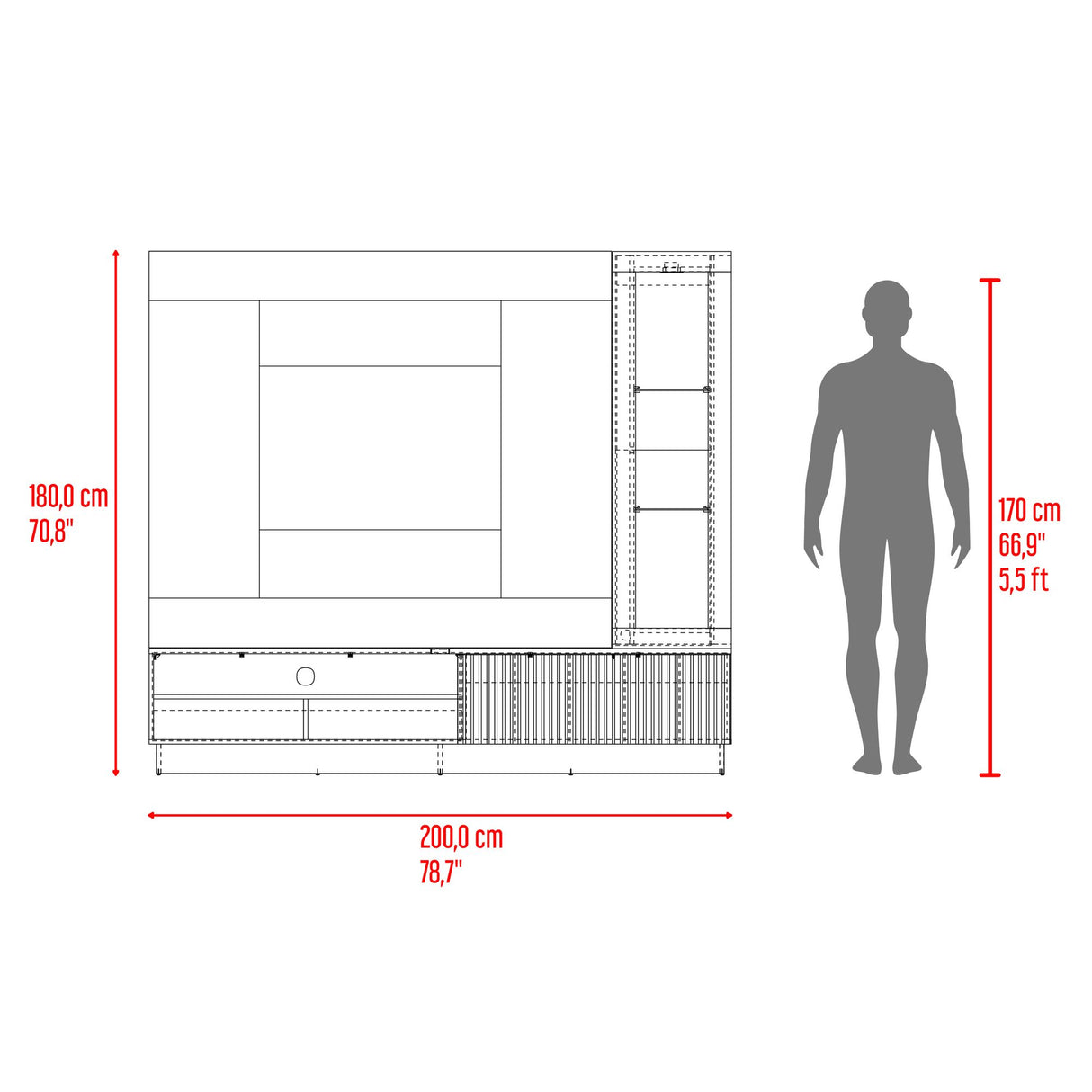 Centro de Entretenimiento Yakarta Milan y Roble Natural 200x180cm para TV Hasta 65" Pulgadas y con Siete Compartimientos - MUEBLES DE TV | Bylmo