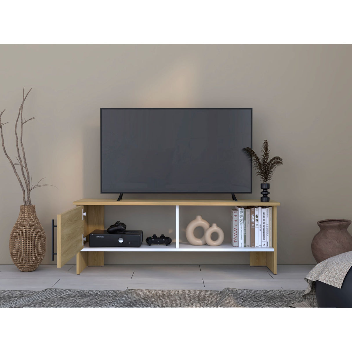 Mesa para TV Navia Fresno Europeo y Blanco 120.3x42.1cm para TV Hasta 50" Pulgadas y con Dos Compartimientos - MUEBLES DE TV | Bylmo