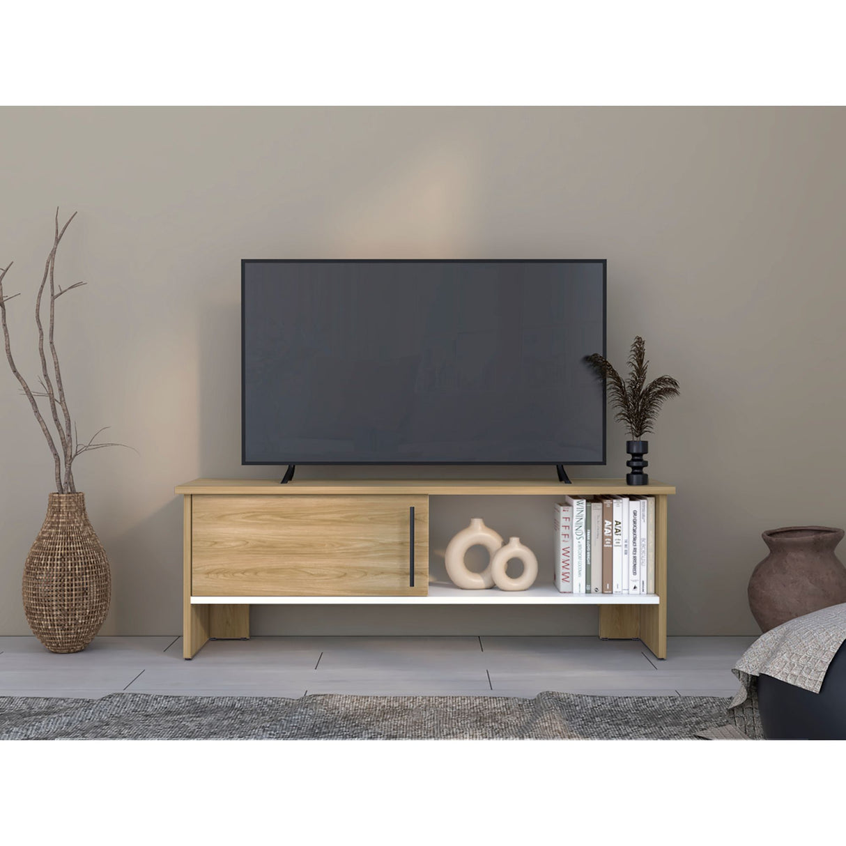 Mesa para TV Navia Fresno Europeo y Blanco 120.3x42.1cm para TV Hasta 50" Pulgadas y con Dos Compartimientos - MUEBLES DE TV | Bylmo