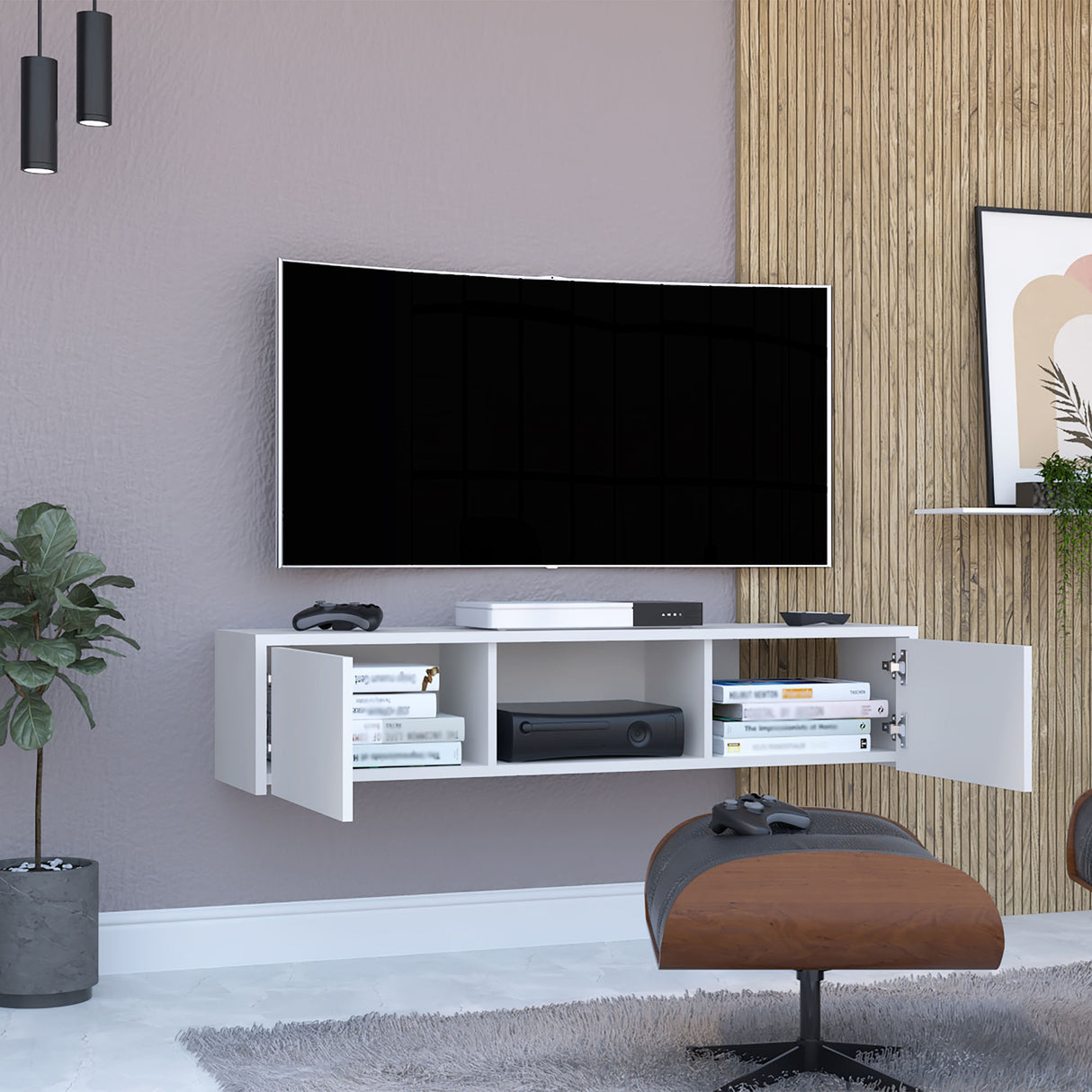 Repisa para TV Glen Blanco 125x26.5cm para TV Hasta 55" Pulgadas y con Cuatro Compartimientos - MUEBLES DE TV | Bylmo