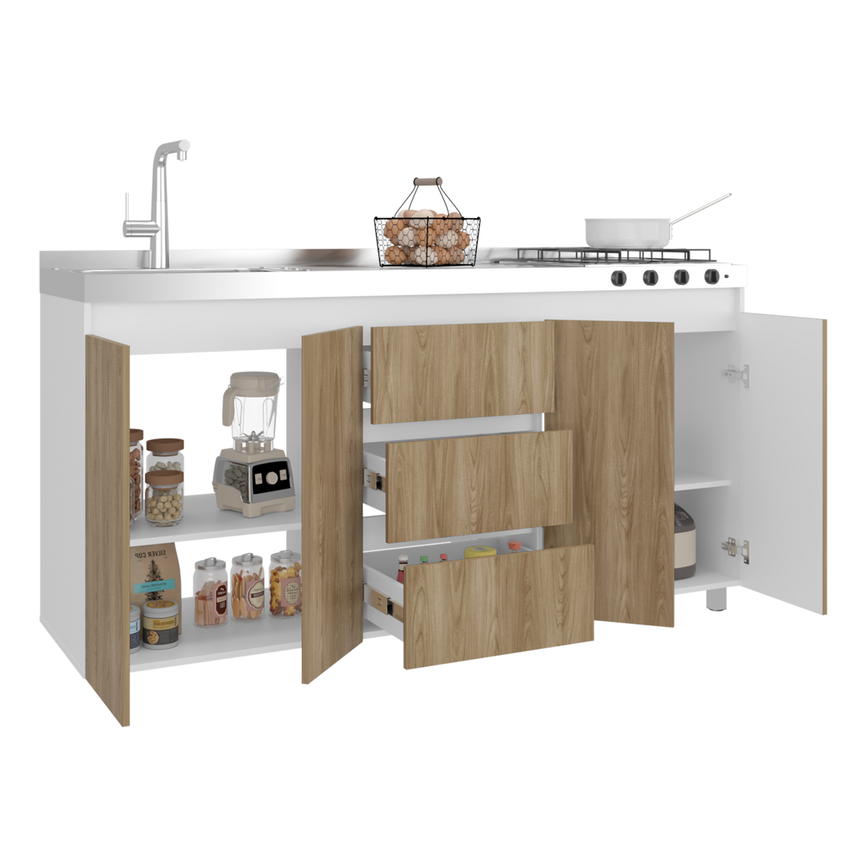 Mueble Inferior de Cocina Boreal Blanco y Fresno Europeo 179.9x89.5cm Con Meson Izquierdo de Acero Inoxidable y con Estufa - MUEBLES INFERIORES DE COCINA | Bylmo