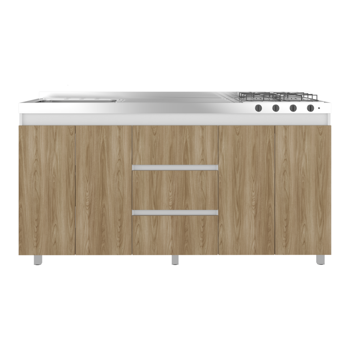 Mueble Inferior de Cocina Boreal Blanco y Fresno Europeo 179.9x89.5cm Con Meson Izquierdo de Acero Inoxidable y con Estufa - MUEBLES INFERIORES DE COCINA | Bylmo