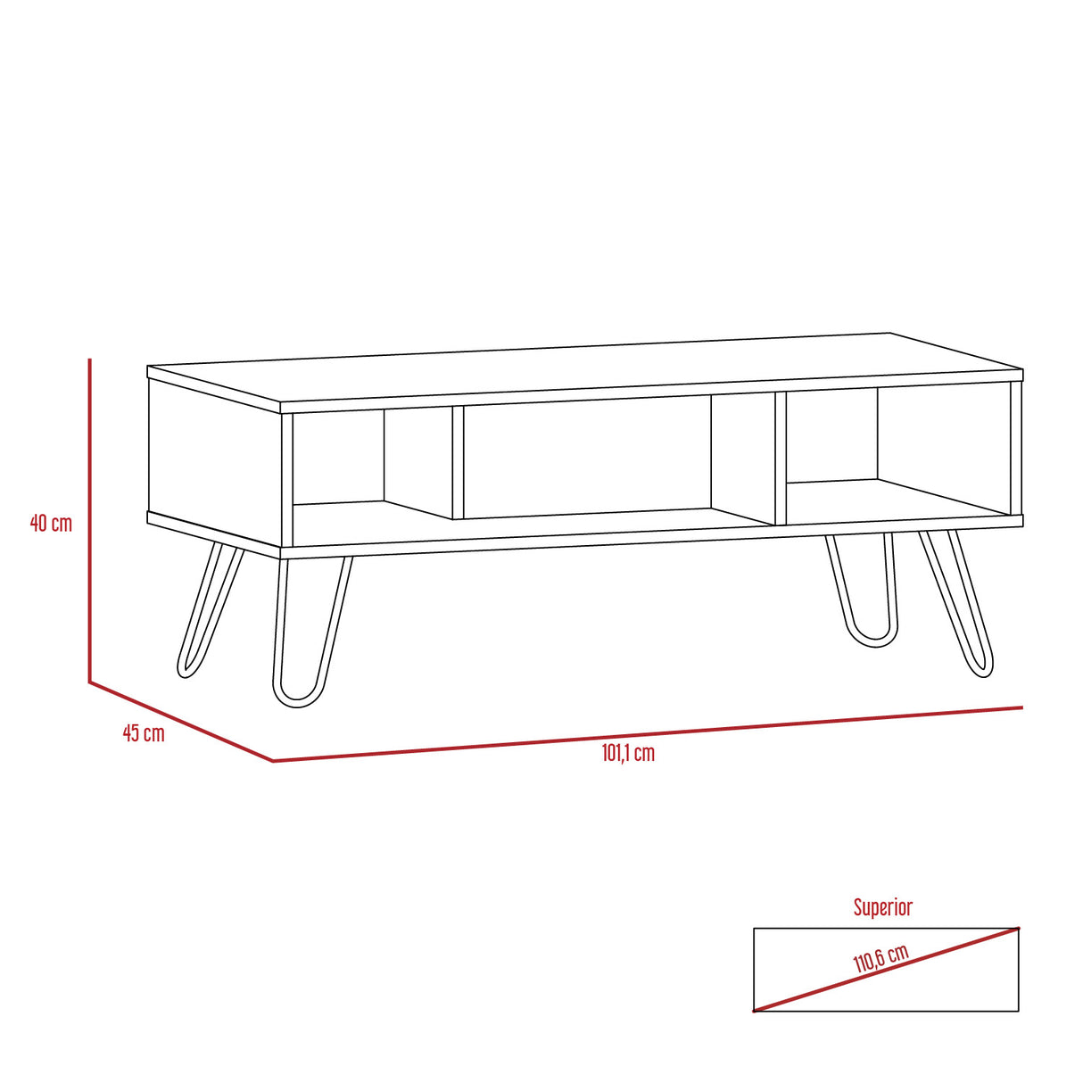 Mesa de Centro Vassel Duna 101x40cm Rectangular con Compartimiento y con Patas - MESAS DE CENTRO | Bylmo