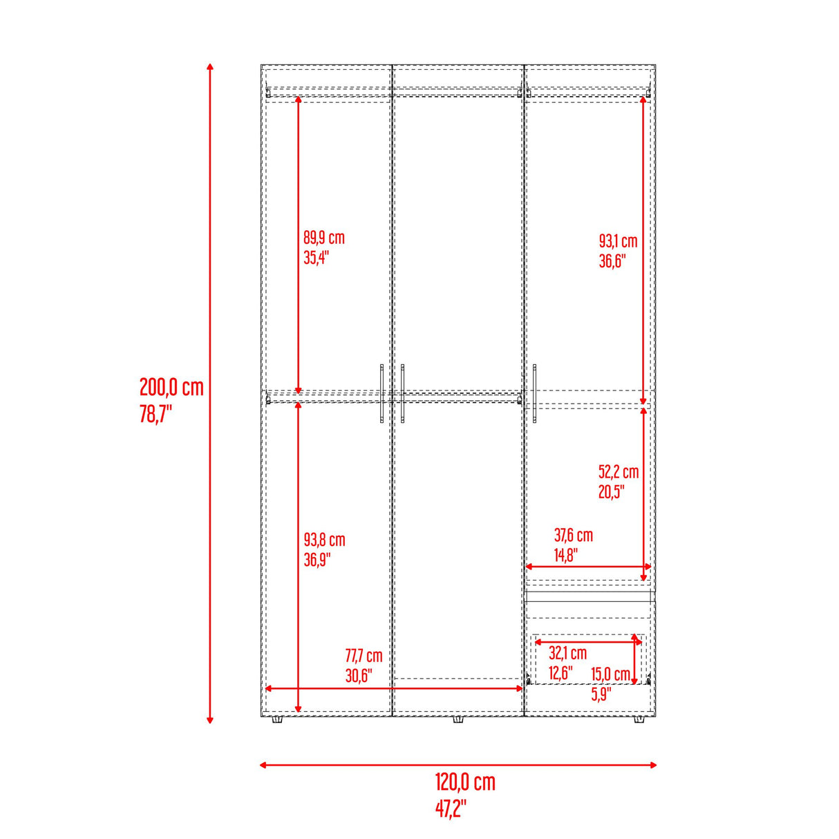 Closet Kenvil Milan y Wengue 120x200cm con Tres Puertas y con Un Cajón - CLOSETS | Bylmo