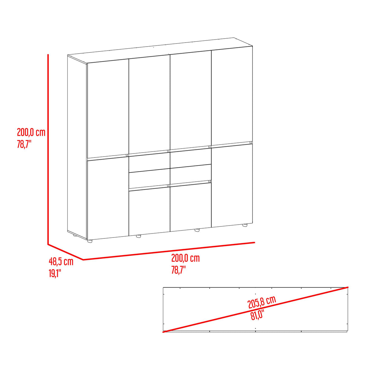 Closet Siruela Milan y Wengue 200x200cm con Ocho Puertas y con Cuatro Cajones - CLOSETS | Bylmo