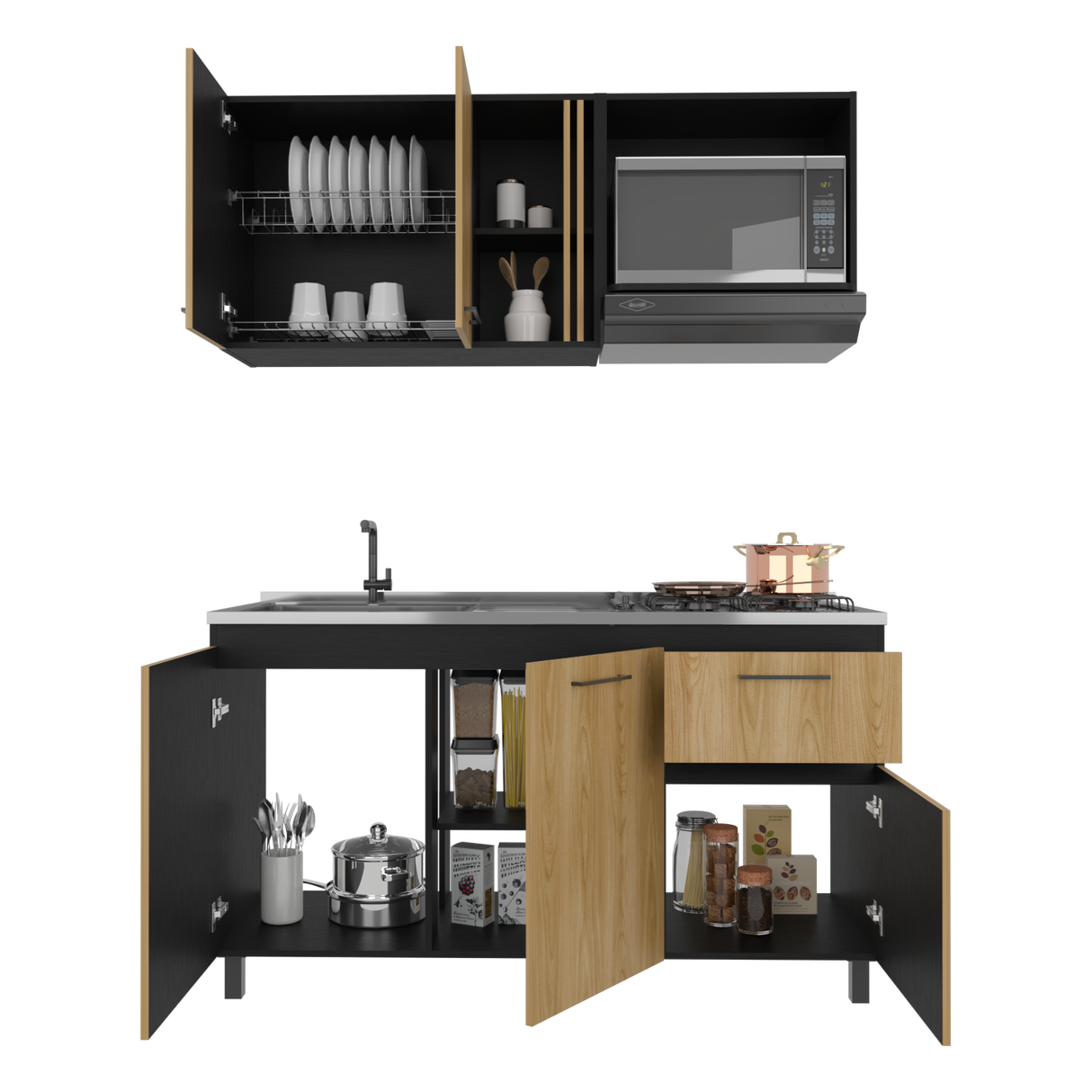 Cocina Preston Wengue y Fresno Europeo 150x60cm con Meson de Acero Al Carbon Izquierdo y con Estufa - COCINAS | Bylmo