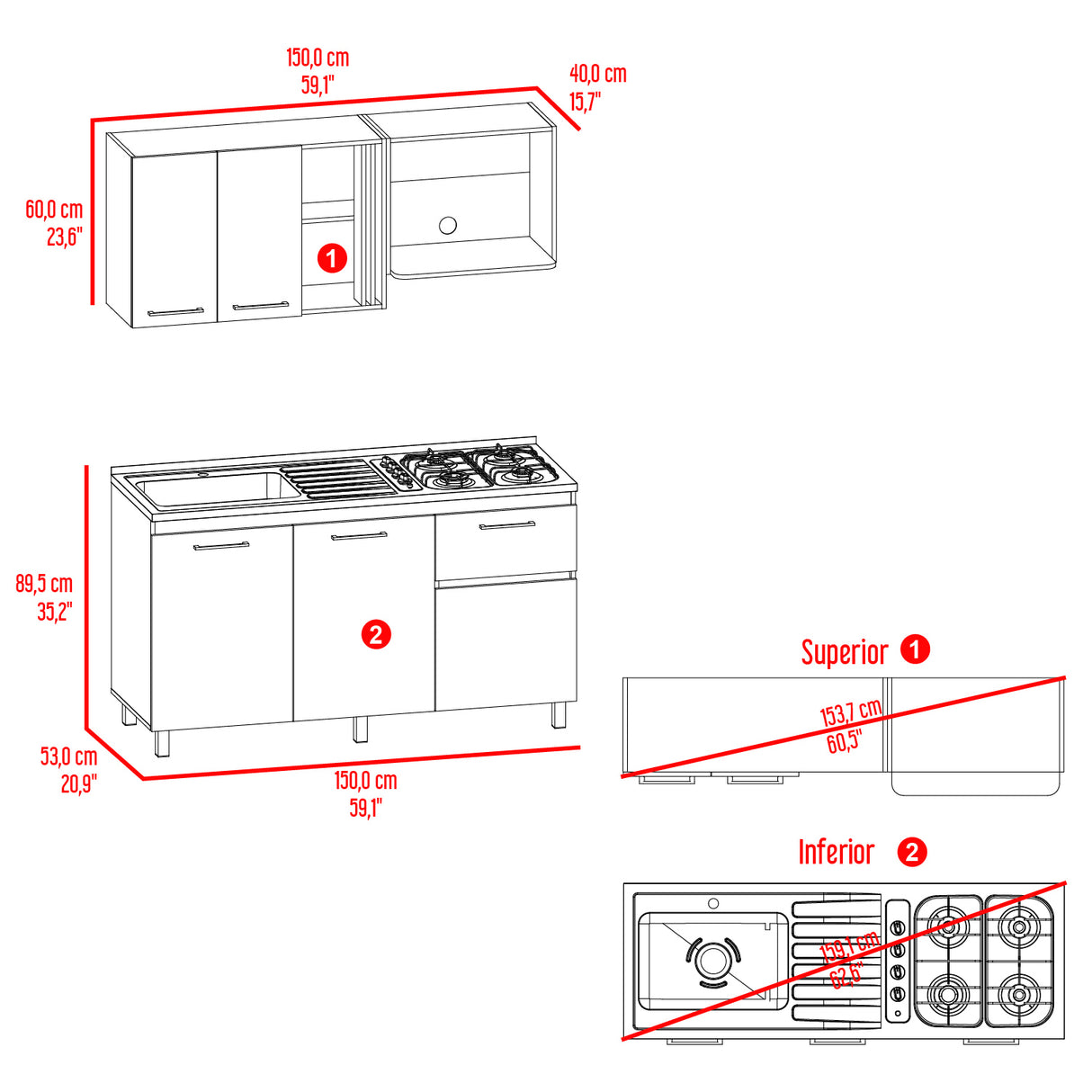 Cocina Preston Wengue y Fresno Europeo 150x60cm con Meson de Acero Al Carbon Izquierdo y con Estufa - COCINAS | Bylmo