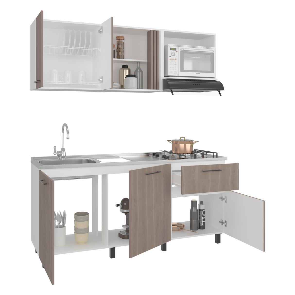 Cocina Preston Blanco y Bardolino 180x60cm con Meson de Acero Al Carbon Derecho y con Estufa - COCINAS | Bylmo