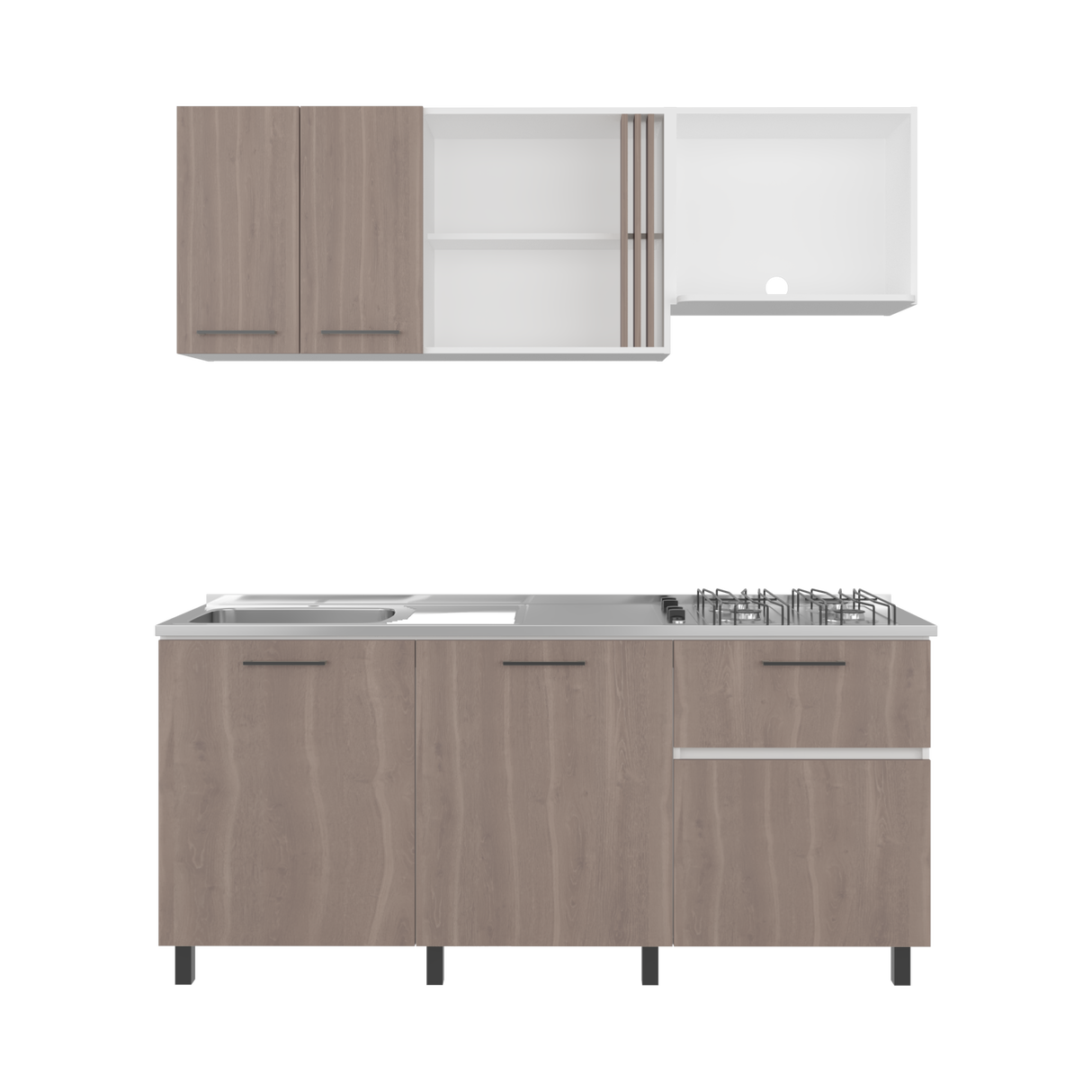 Cocina Preston Blanco y Bardolino 180x60cm con Meson de Acero Al Carbon Derecho y con Estufa - COCINAS | Bylmo