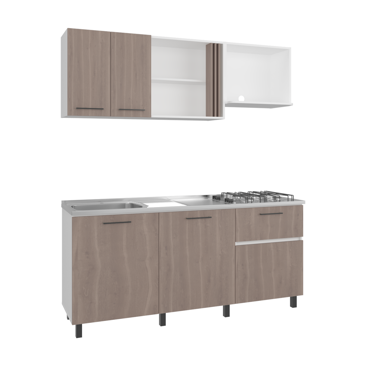 Cocina Preston Blanco y Bardolino 180x60cm con Meson de Acero Al Carbon Derecho y con Estufa - COCINAS | Bylmo