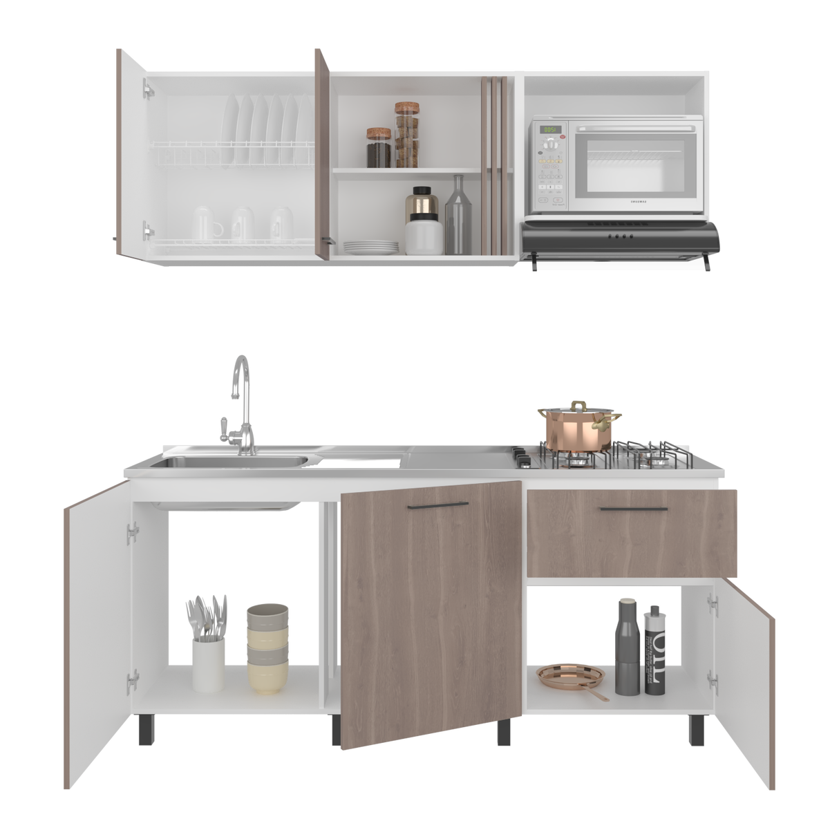 Cocina Preston Blanco y Bardolino 180x60cm con Meson de Acero Al Carbon Derecho y con Estufa - COCINAS | Bylmo
