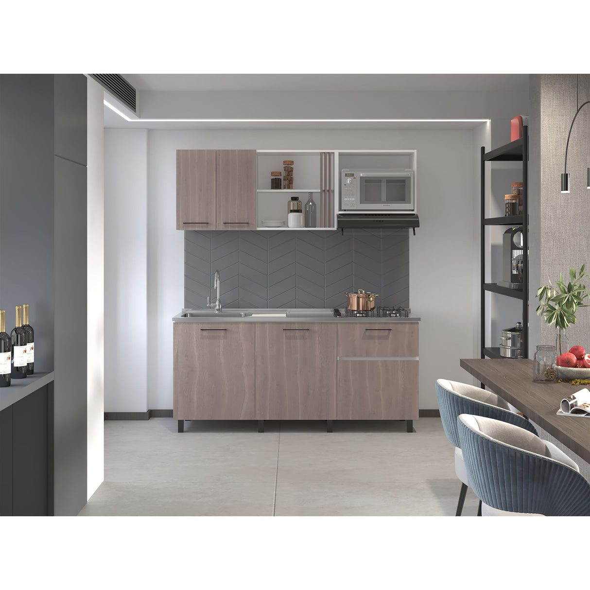 Cocina Preston Blanco y Bardolino 180x60cm con Meson de Acero Al Carbon Derecho y con Estufa - COCINAS | Bylmo