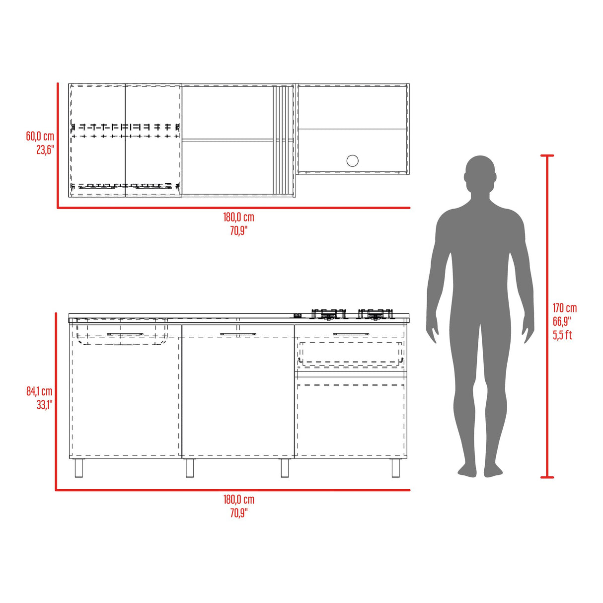 Cocina Preston Blanco y Bardolino 180x60cm con Meson de Acero Al Carbon Derecho y con Estufa - COCINAS | Bylmo