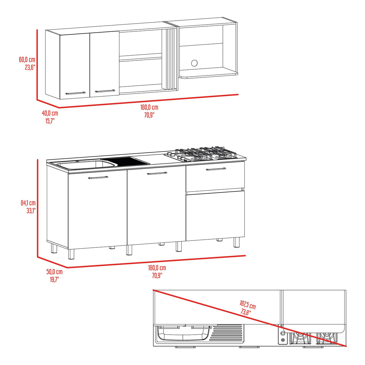Cocina Preston Blanco y Bardolino 180x60cm con Meson de Acero Al Carbon Derecho y con Estufa - COCINAS | Bylmo