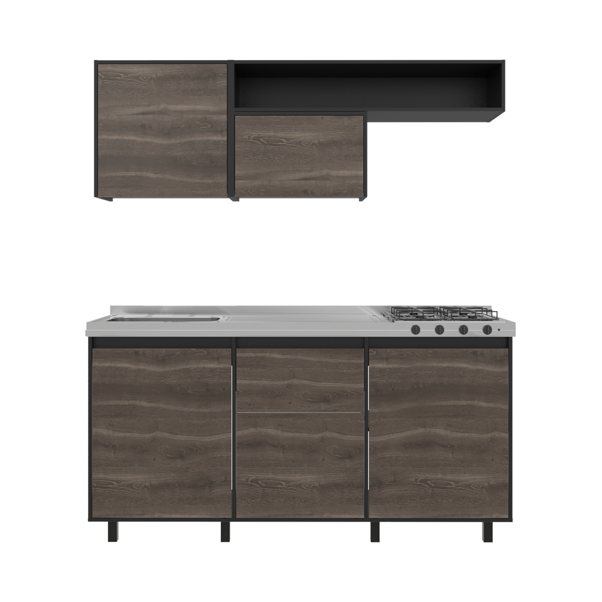 Cocina Quebec Wengue y Milan 180x180cm con Meson de Acero Inoxidable Izquierdo y con Estufa - COCINAS | Bylmo
