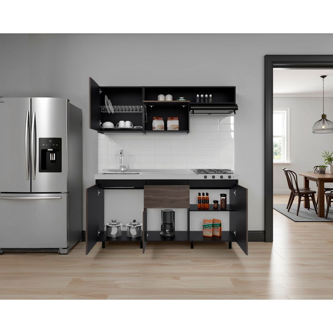 Cocina Quebec Wengue y Milan 180x180cm con Meson de Acero Inoxidable Izquierdo y con Estufa - COCINAS | Bylmo