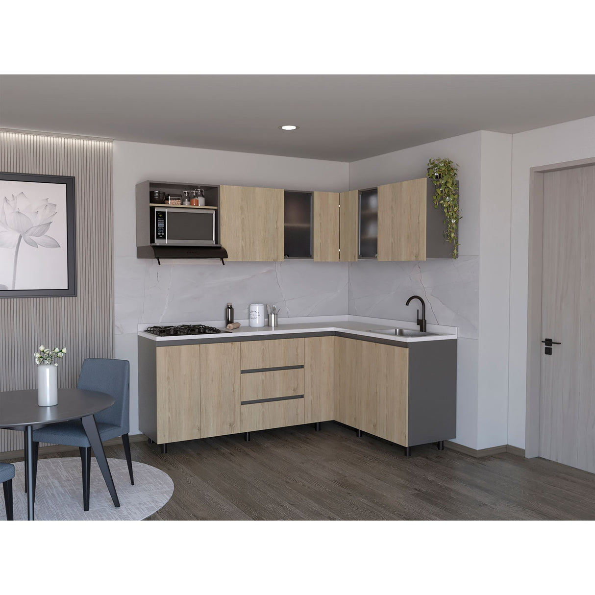 Cocina Esquinera Londres Plomo y Rovere 210.3x62cm sin Mesón y sin Estufa - COCINAS | Bylmo