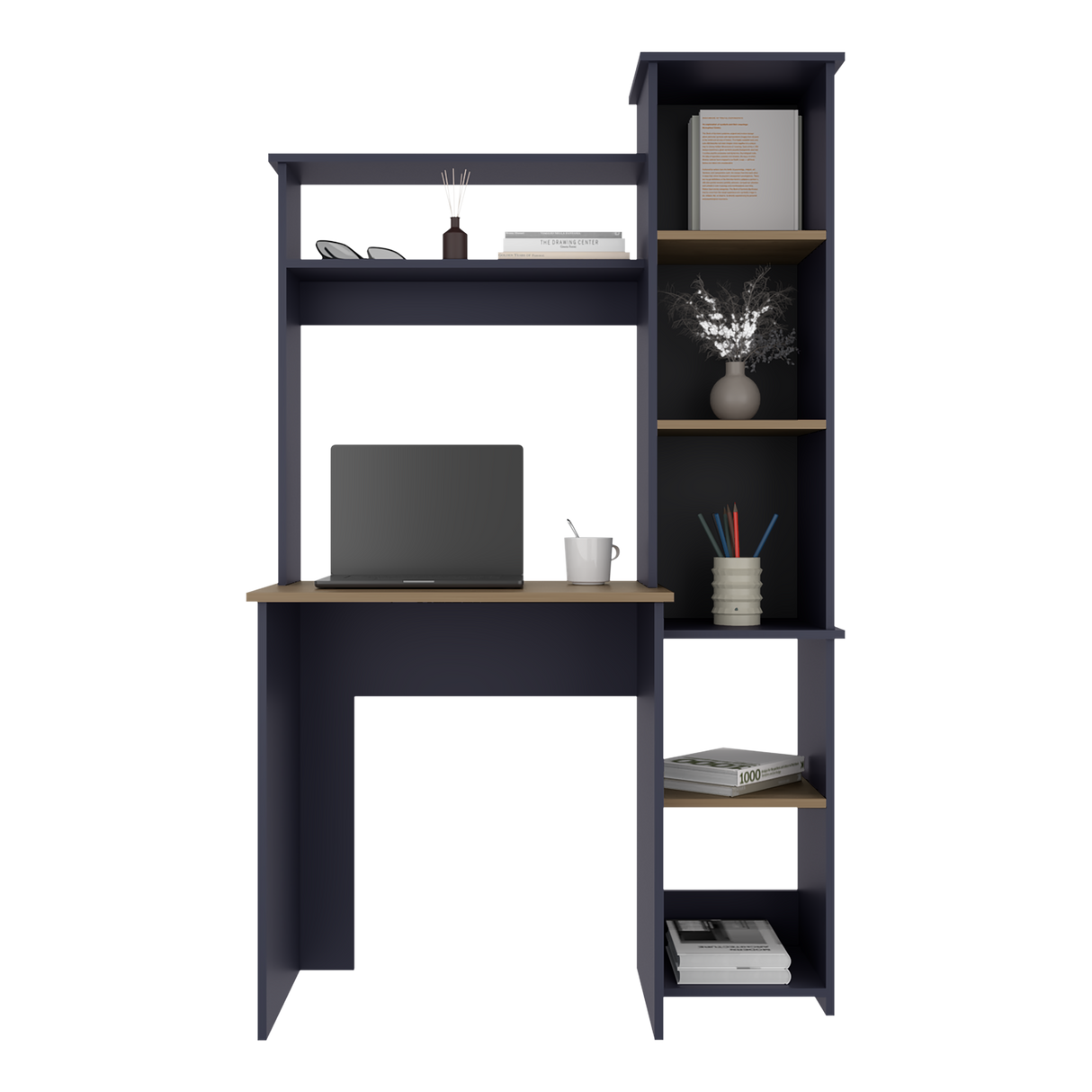 Centro de Computo Versalles Azul y Fresno 98.5x163.1cm sin Cajones y con Organizador de Libros - ESCRITORIOS | Bylmo