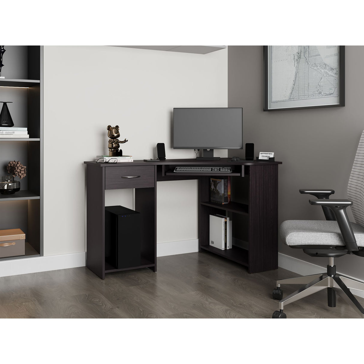 Escritorio Jasper Wengue 120x75cm con Un Cajón y con Organizador de Libros - ESCRITORIOS | Bylmo