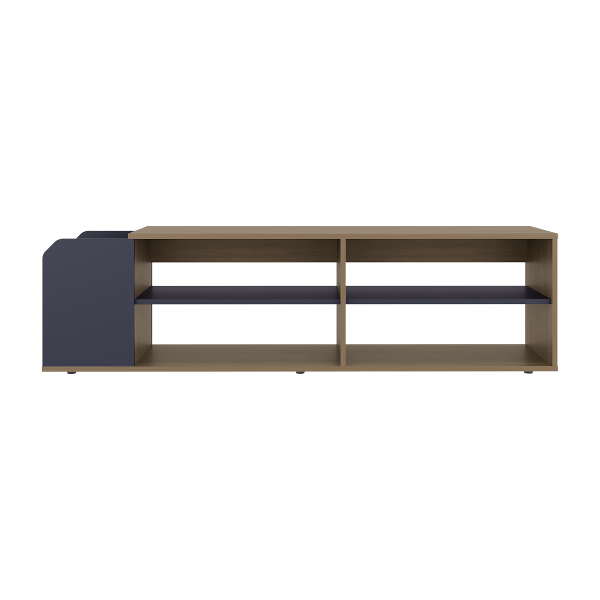 Rack de TV Solene Fresno Europeo y Azul 150x42cm para TV Hasta 60" Pulgadas Con Cuatro Compartimientos y Ranuras para Cable - MUEBLES DE TV | Bylmo