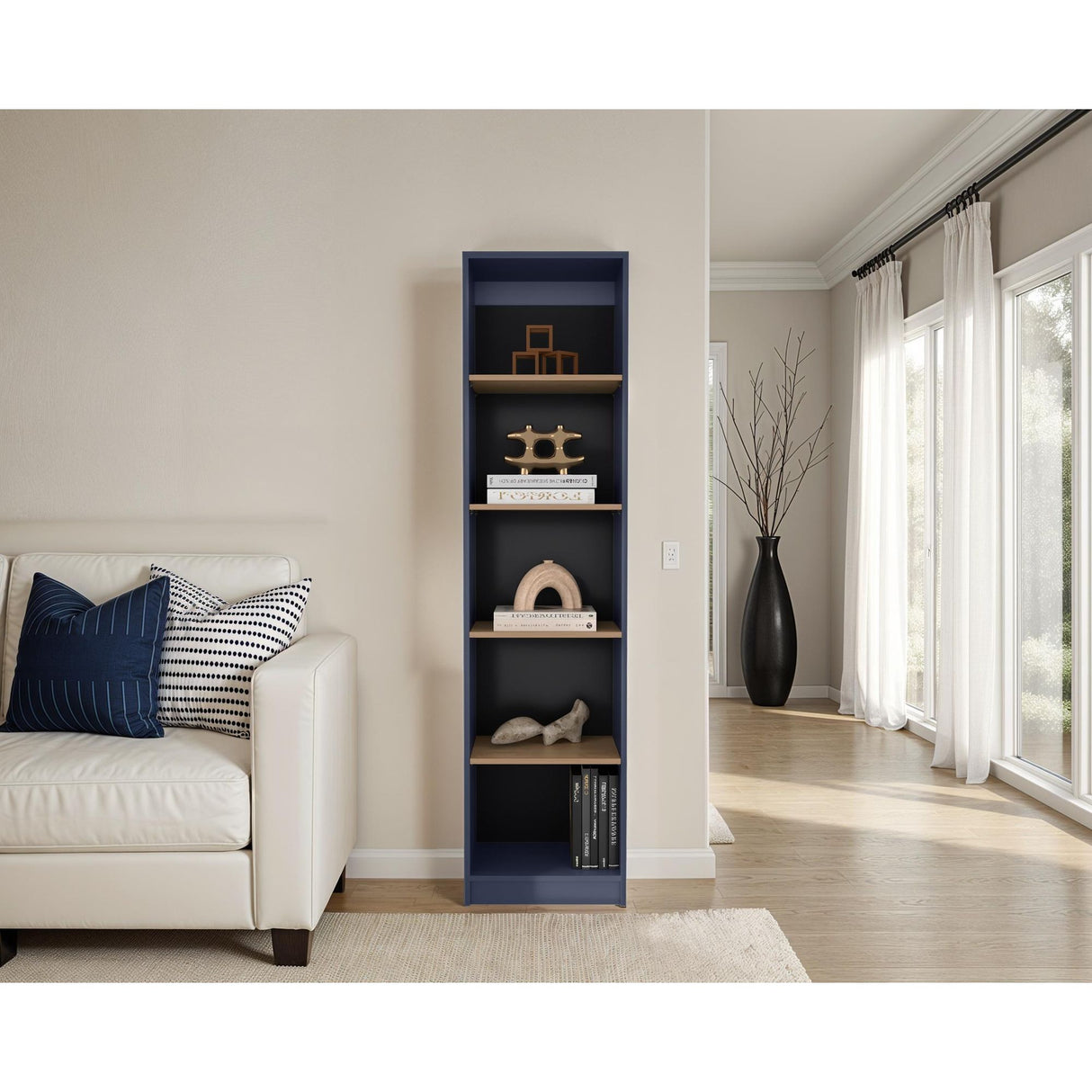 Biblioteca Home Azul y Fresno 45x180.6cm Rectangular con Cuatro Entrepaños y con Cinco Compartimientos - BIBLIOTECAS Y ESTANTERIAS | Bylmo