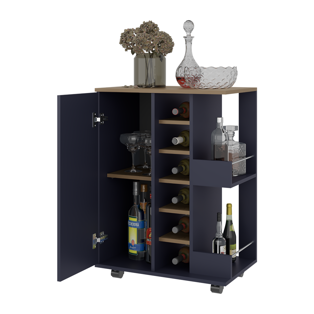 Bar Carro Azul y Fresno Europeo 60x81.5cm con Seis Compartimientos y Con Seis Portabotellas - BARES | Bylmo