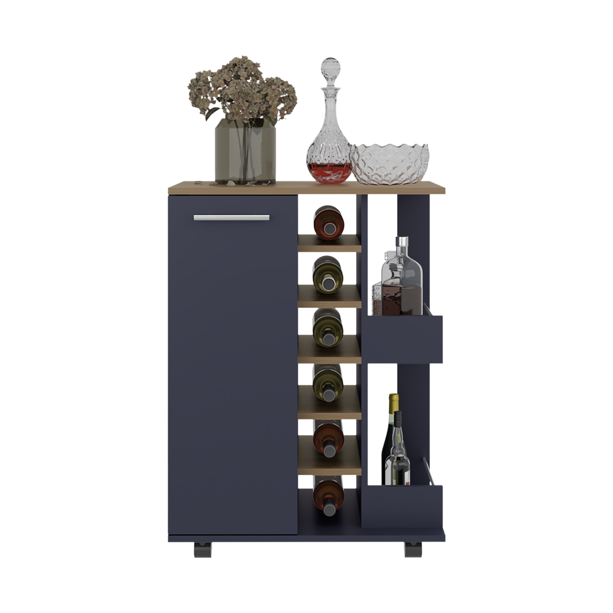 Bar Carro Azul y Fresno Europeo 60x81.5cm con Seis Compartimientos y Con Seis Portabotellas - BARES | Bylmo
