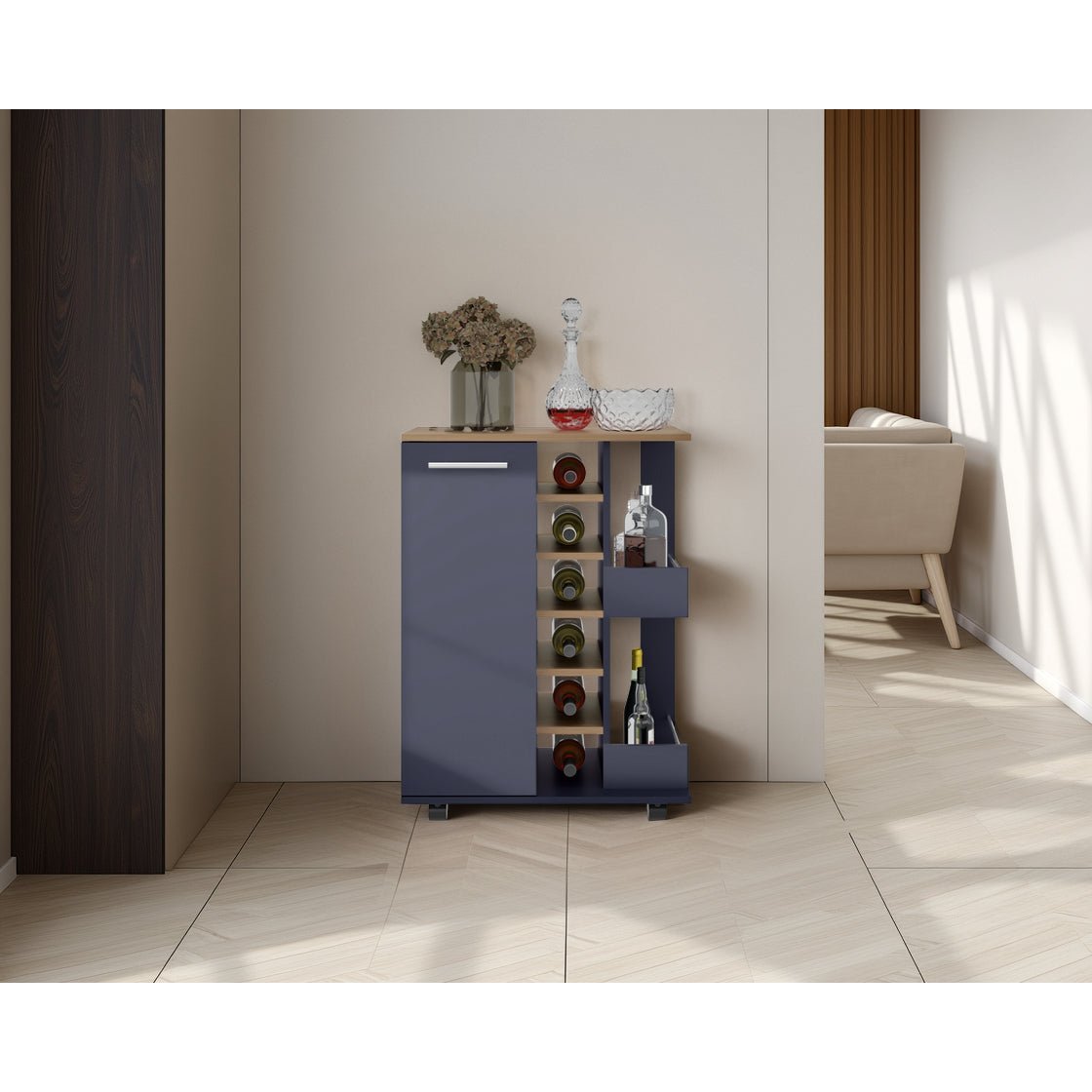 Bar Carro Azul y Fresno Europeo 60x81.5cm con Seis Compartimientos y Con Seis Portabotellas - BARES | Bylmo