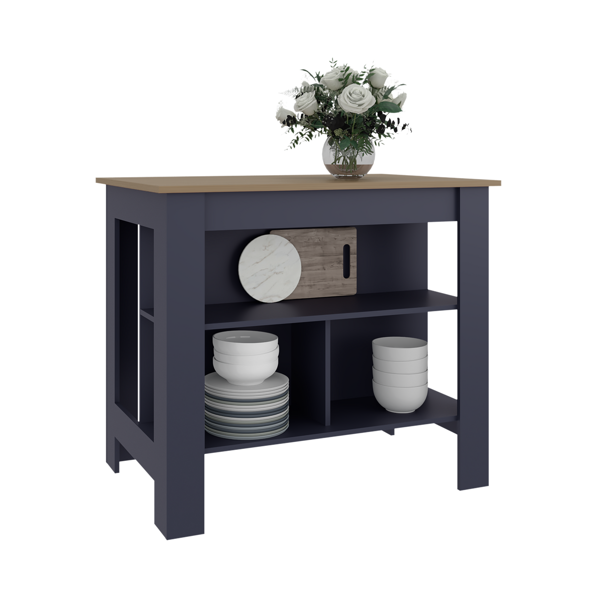 Isla de Cocina Cala Azul y Fresno Europeo 101.7x89.6cm con Dos Entrepaños y con Tres Compartimientos - BARRAS Y MUEBLES AUXILIARES | Bylmo