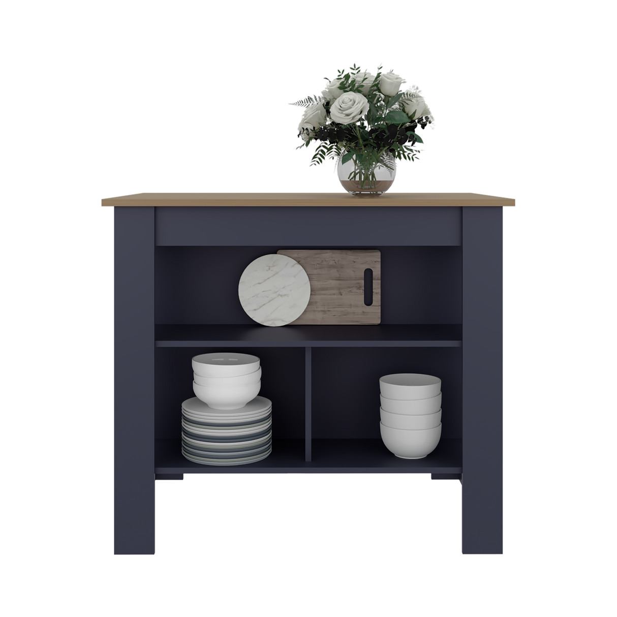 Isla de Cocina Cala Azul y Fresno Europeo 101.7x89.6cm con Dos Entrepaños y con Tres Compartimientos - BARRAS Y MUEBLES AUXILIARES | Bylmo