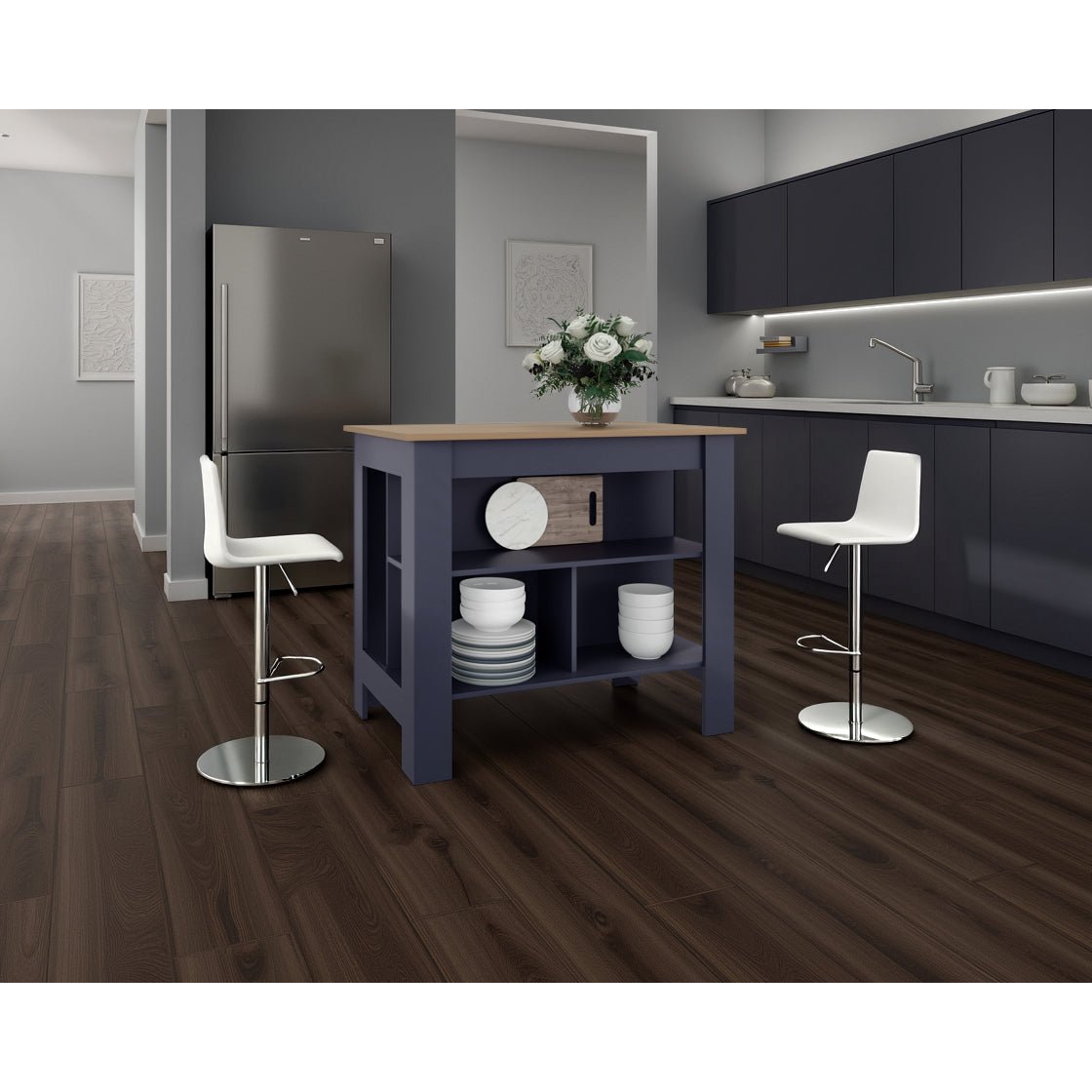 Isla de Cocina Cala Azul y Fresno Europeo 101.7x89.6cm con Dos Entrepaños y con Tres Compartimientos - BARRAS Y MUEBLES AUXILIARES | Bylmo