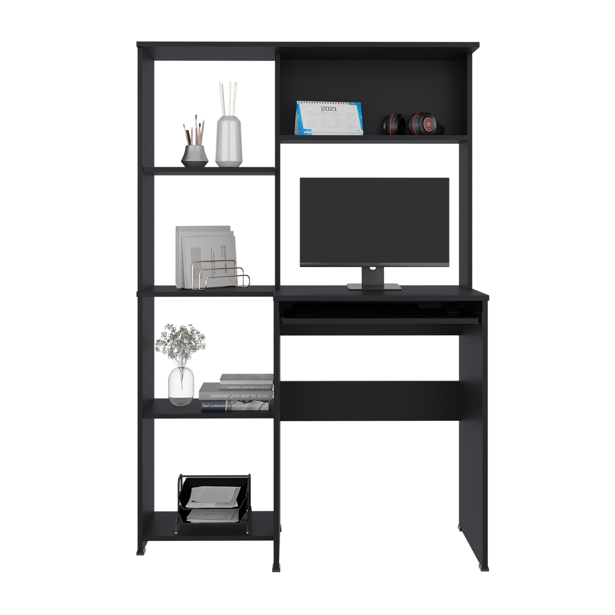 Centro de Computo Alden Eco Wengue 100x150cm con Organizador de Libros y sin Cajones - ESCRITORIOS | Bylmo